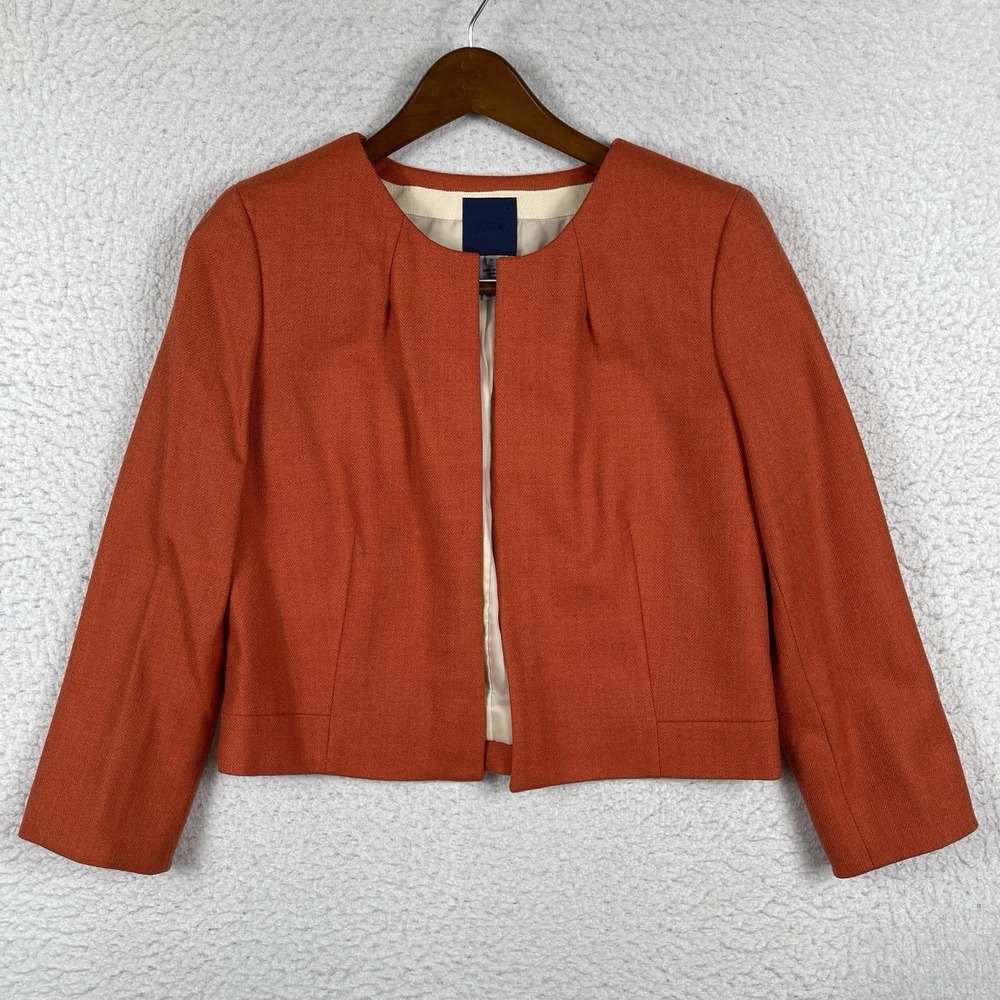 J Crew Jacket‎ Womens 8 Orange Wool Herringbone Astrid Cropped Blazer Career